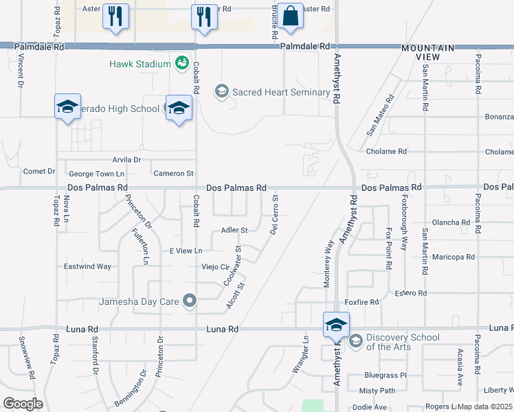 map of restaurants, bars, coffee shops, grocery stores, and more near 13654 Del Haven Street in Victorville