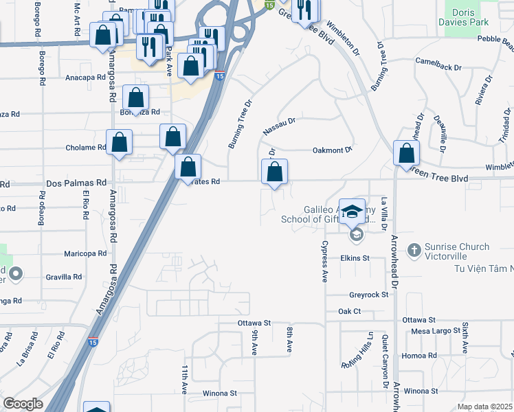 map of restaurants, bars, coffee shops, grocery stores, and more near 13632 Nassau Drive in Victorville