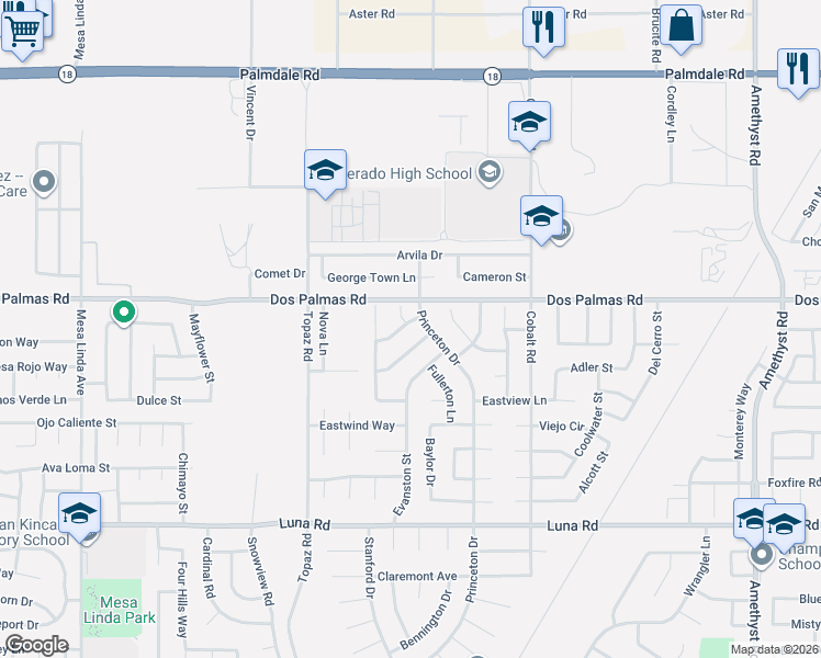 map of restaurants, bars, coffee shops, grocery stores, and more near 13073 Camden Lane in Victorville
