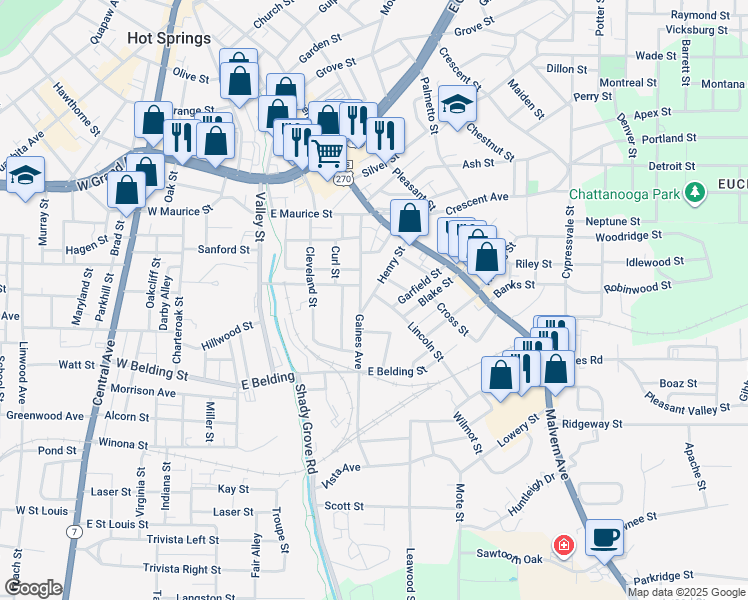 map of restaurants, bars, coffee shops, grocery stores, and more near 512 Gaines Avenue in Hot Springs