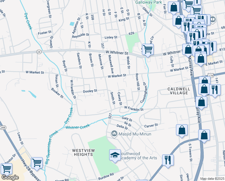 map of restaurants, bars, coffee shops, grocery stores, and more near 305 Smith Street in Anderson