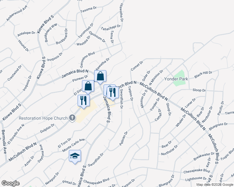 map of restaurants, bars, coffee shops, grocery stores, and more near 3676 Swordfish Drive in Lake Havasu City
