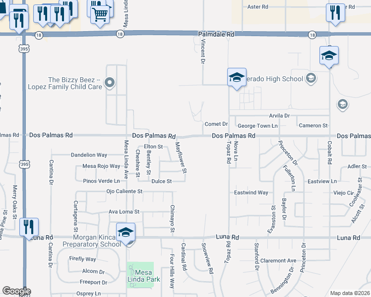 map of restaurants, bars, coffee shops, grocery stores, and more near 13645 Mayflower St in Victorville