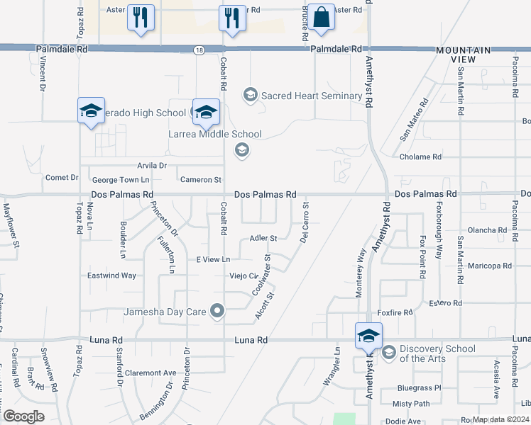 map of restaurants, bars, coffee shops, grocery stores, and more near 13645 Breckenridge Lane in Victorville