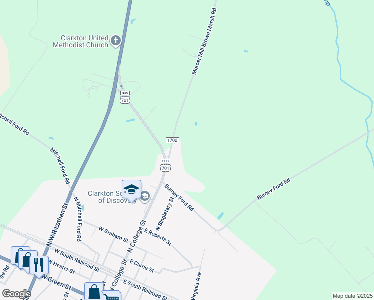 map of restaurants, bars, coffee shops, grocery stores, and more near 10617 Mercer Mill Brown Marsh Road in Clarkton
