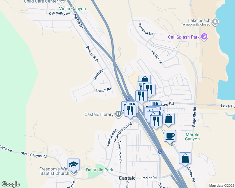map of restaurants, bars, coffee shops, grocery stores, and more near 31906 Green Hill Drive in Castaic
