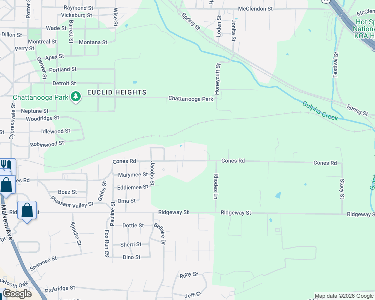 map of restaurants, bars, coffee shops, grocery stores, and more near 104 Jingle Lane in Hot Springs