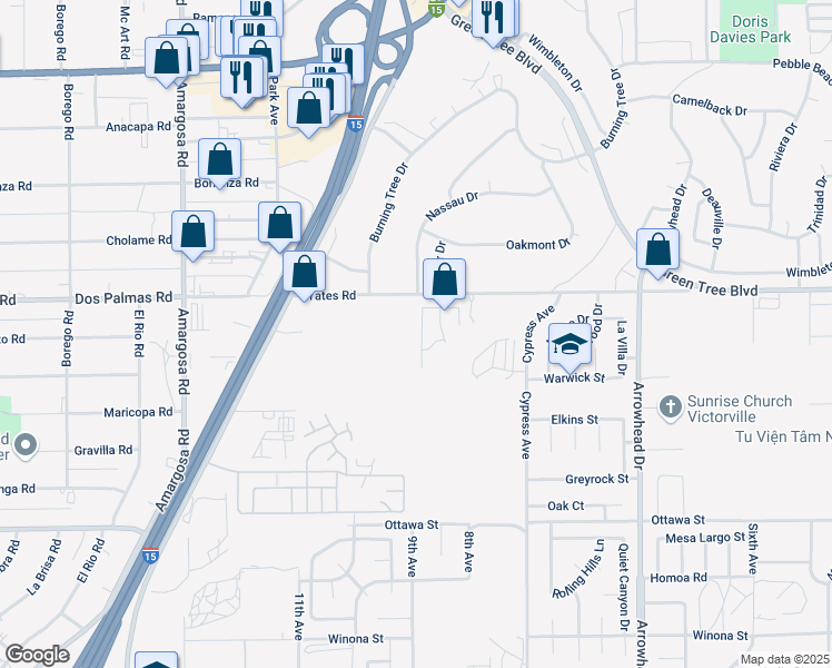 map of restaurants, bars, coffee shops, grocery stores, and more near 13632 Nassau Drive in Victorville