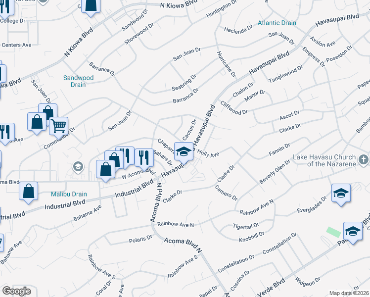 map of restaurants, bars, coffee shops, grocery stores, and more near 2304 Holly Avenue in Lake Havasu City