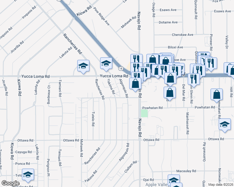 map of restaurants, bars, coffee shops, grocery stores, and more near 13581 Yakima Road in Apple Valley