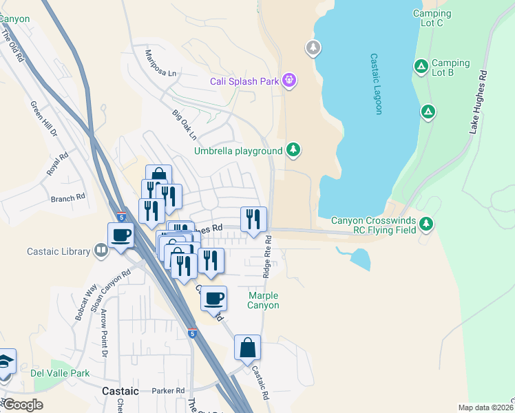 map of restaurants, bars, coffee shops, grocery stores, and more near 27505 Jasper Way in Castaic