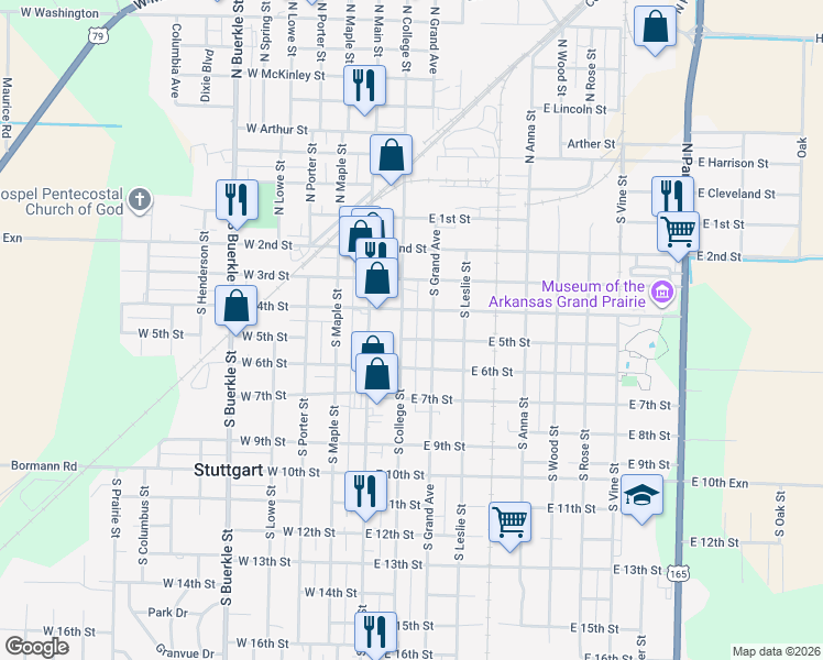 map of restaurants, bars, coffee shops, grocery stores, and more near 205 East 5th Street in Stuttgart