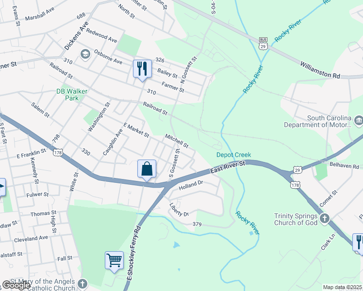 map of restaurants, bars, coffee shops, grocery stores, and more near 303 South Gossett Street in Anderson