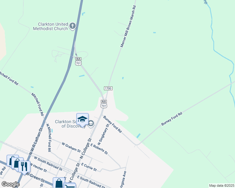 map of restaurants, bars, coffee shops, grocery stores, and more near 10617 Mercer Mill Brown Marsh Road in Clarkton
