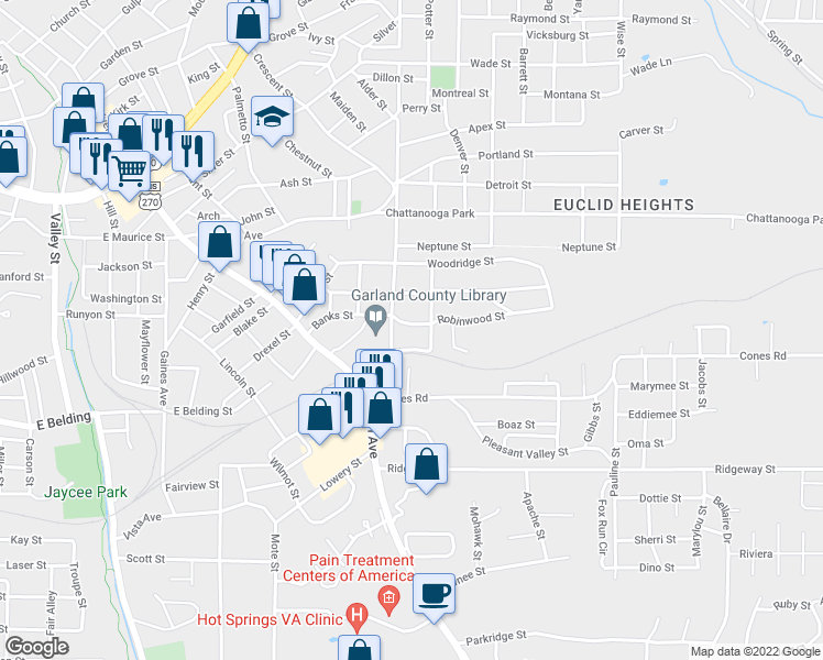 map of restaurants, bars, coffee shops, grocery stores, and more near 110 Robinwood Street in Hot Springs