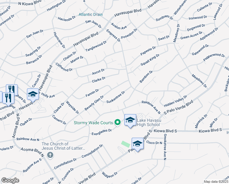map of restaurants, bars, coffee shops, grocery stores, and more near 2625 Sunkentree Drive in Lake Havasu City