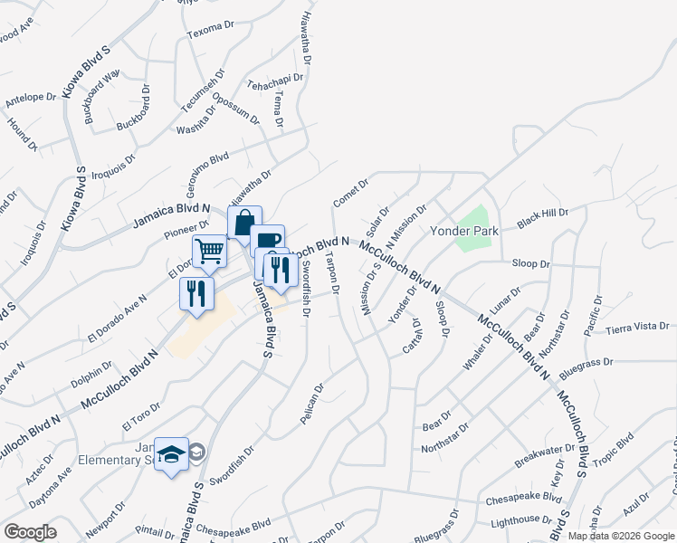 map of restaurants, bars, coffee shops, grocery stores, and more near 3690 Tarpon Drive in Lake Havasu City