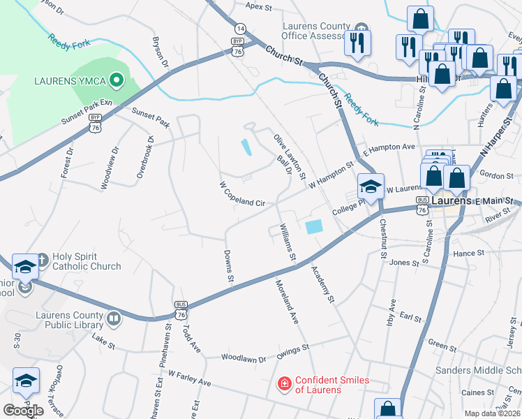 map of restaurants, bars, coffee shops, grocery stores, and more near 802 West Hampton Street in Laurens