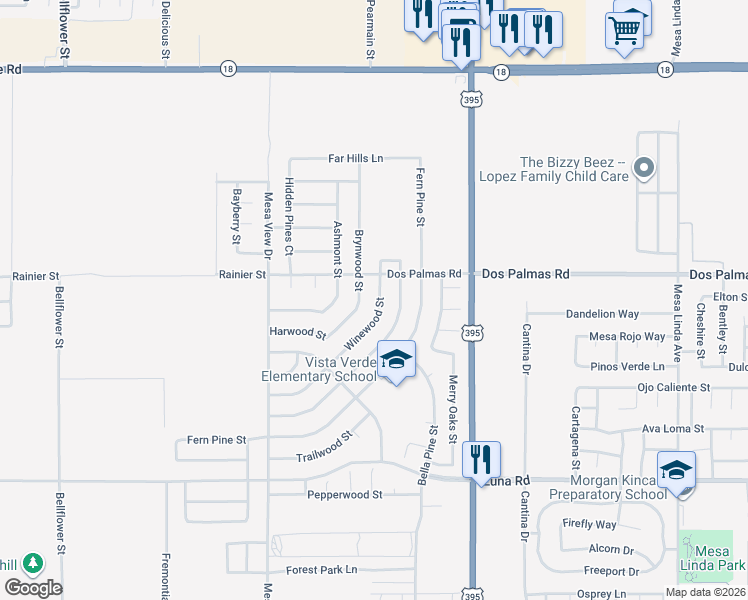 map of restaurants, bars, coffee shops, grocery stores, and more near 13652 Winewood Street in Victorville