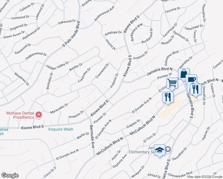 map of restaurants, bars, coffee shops, grocery stores, and more near 3300 Iroquois Drive in Lake Havasu City