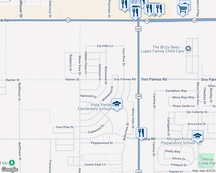 map of restaurants, bars, coffee shops, grocery stores, and more near 13652 Winewood Street in Victorville