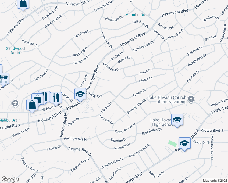 map of restaurants, bars, coffee shops, grocery stores, and more near 2391 Holly Dr in Lake Havasu City