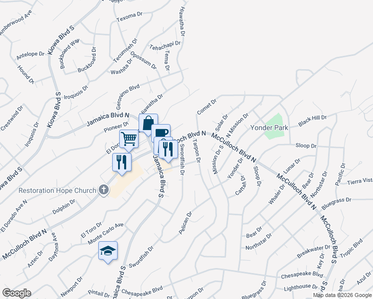 map of restaurants, bars, coffee shops, grocery stores, and more near 3676 Swordfish Drive in Lake Havasu City