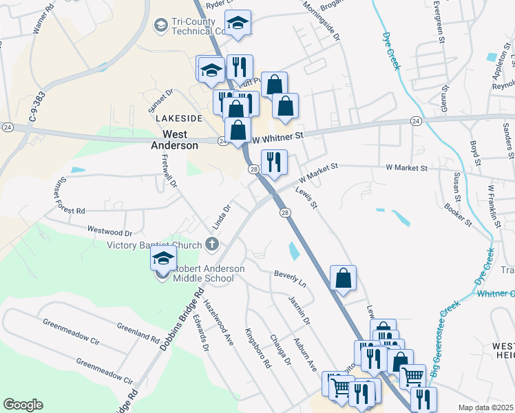 map of restaurants, bars, coffee shops, grocery stores, and more near 1909 Dobbins Bridge Road in Anderson