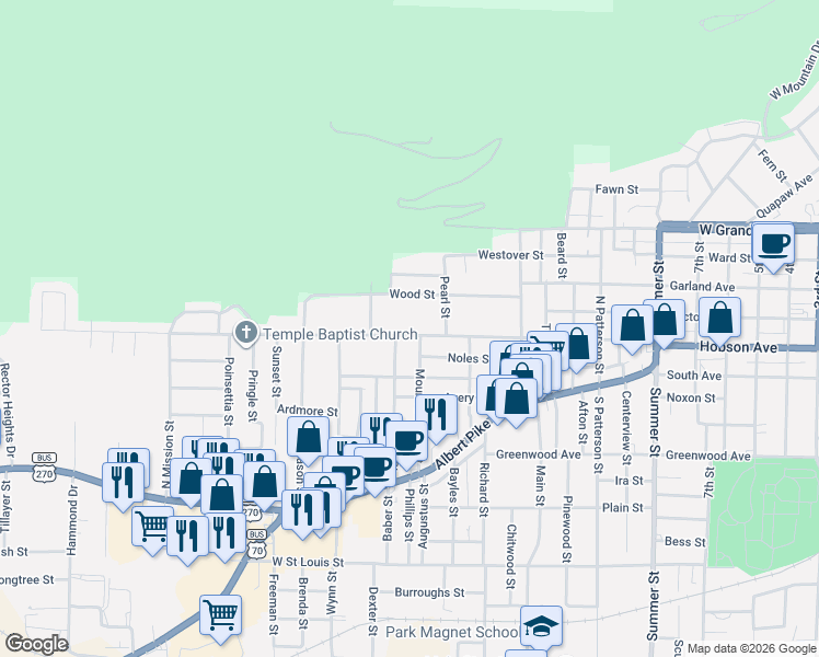 map of restaurants, bars, coffee shops, grocery stores, and more near 1646 Hobson Avenue in Hot Springs