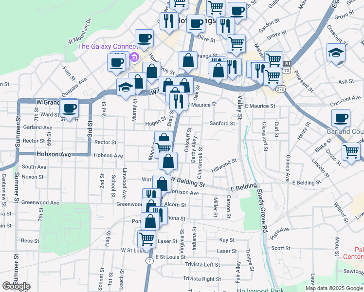 map of restaurants, bars, coffee shops, grocery stores, and more near 1503 Central Avenue in Hot Springs