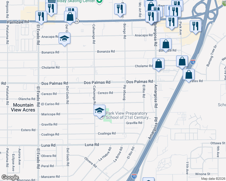 map of restaurants, bars, coffee shops, grocery stores, and more near 15020 Cerezo Road in Victorville