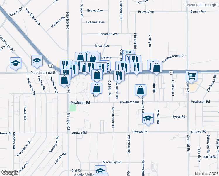 map of restaurants, bars, coffee shops, grocery stores, and more near Del Mar Road in Apple Valley