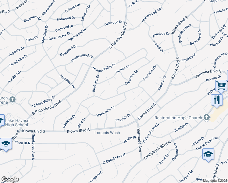 map of restaurants, bars, coffee shops, grocery stores, and more near 3135 Maverick Drive in Lake Havasu City