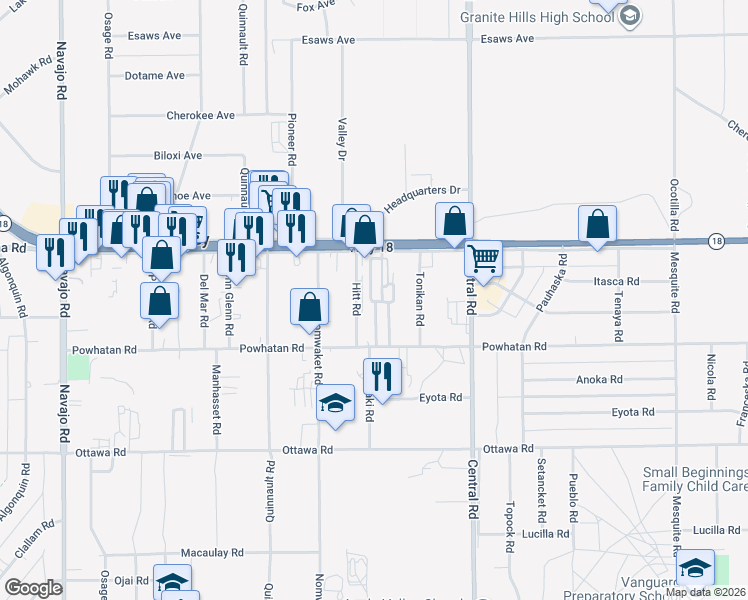 map of restaurants, bars, coffee shops, grocery stores, and more near 22325 California 18 in Apple Valley