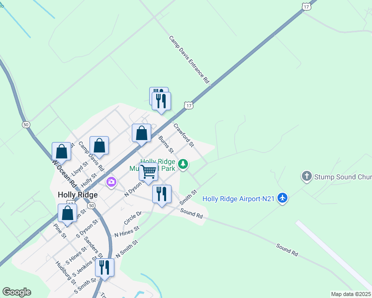 map of restaurants, bars, coffee shops, grocery stores, and more near 510 North Dyson Street in Holly Ridge