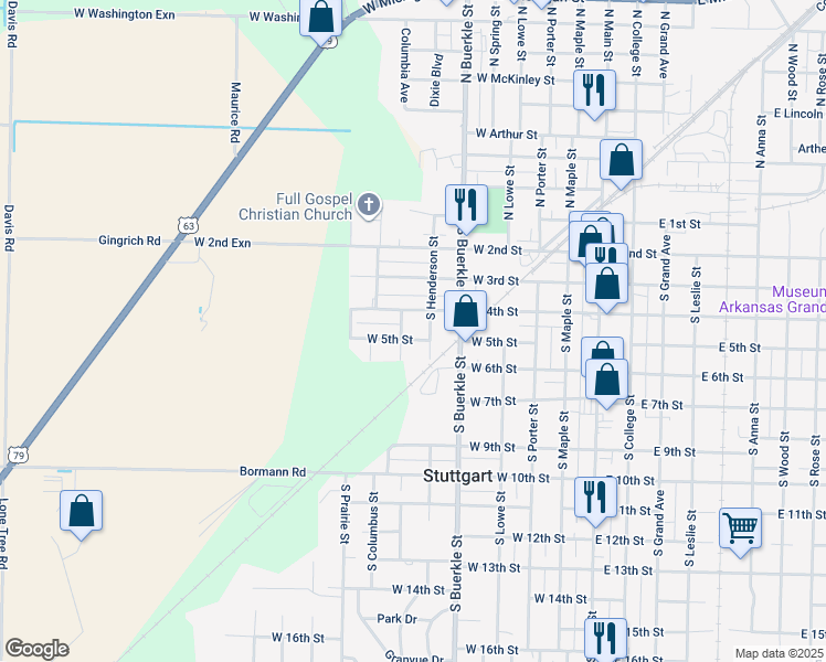 map of restaurants, bars, coffee shops, grocery stores, and more near 610 West 5th Street in Stuttgart