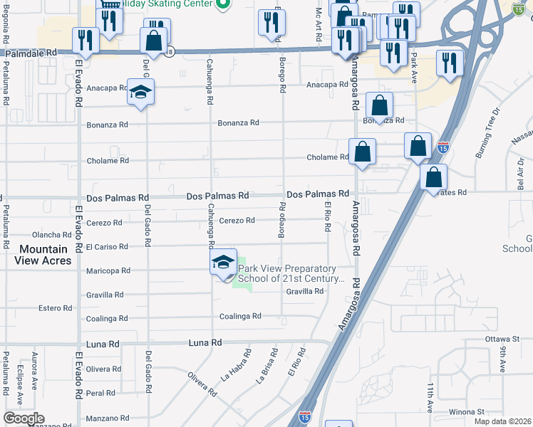 map of restaurants, bars, coffee shops, grocery stores, and more near 15020 Cerezo Road in Victorville