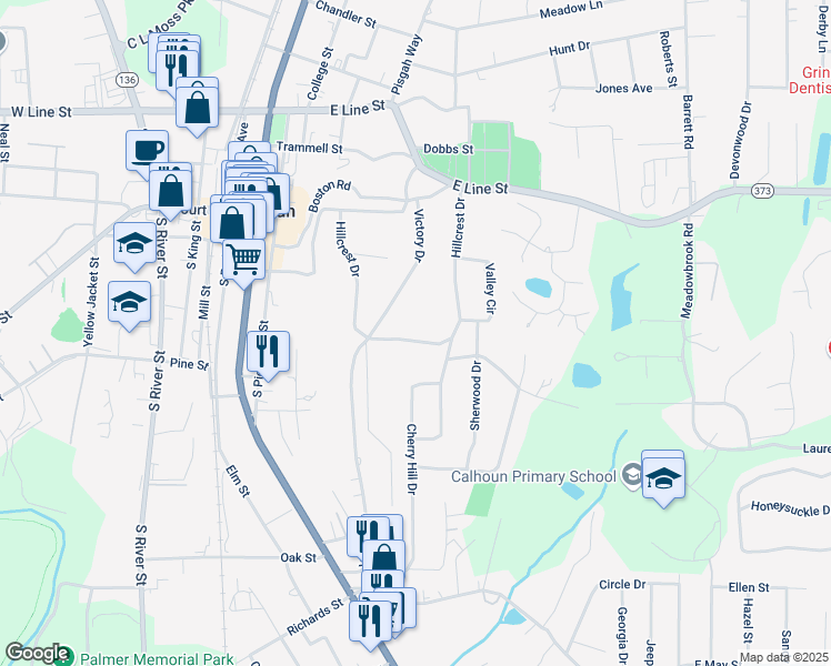 map of restaurants, bars, coffee shops, grocery stores, and more near 203 Hillcrest Drive in Calhoun