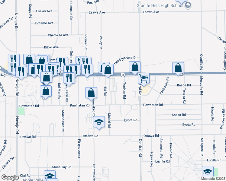 map of restaurants, bars, coffee shops, grocery stores, and more near California 18 in Apple Valley