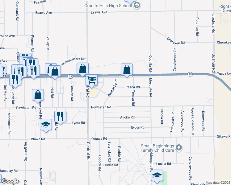 map of restaurants, bars, coffee shops, grocery stores, and more near 13615 Pauhaska Road in Apple Valley