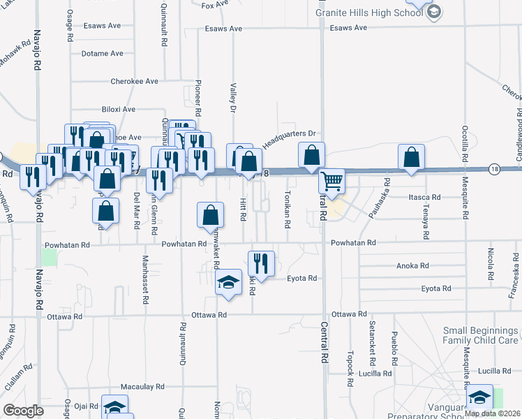 map of restaurants, bars, coffee shops, grocery stores, and more near 22325 California 18 in Apple Valley