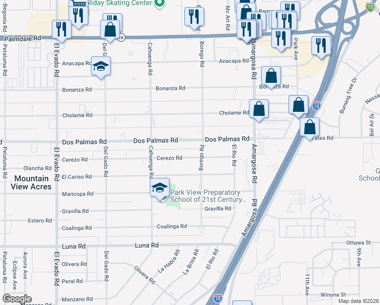 map of restaurants, bars, coffee shops, grocery stores, and more near 15020 Cerezo Road in Victorville