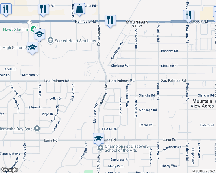map of restaurants, bars, coffee shops, grocery stores, and more near 13772 Rafael Way in Victorville