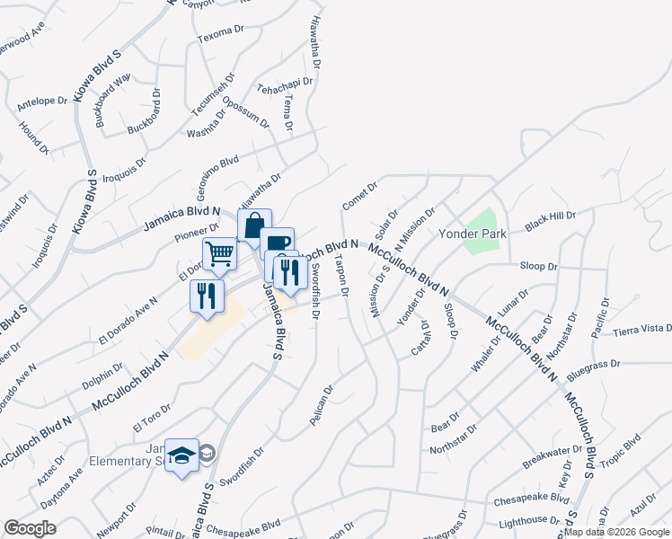 map of restaurants, bars, coffee shops, grocery stores, and more near 3690 Tarpon Drive in Lake Havasu City
