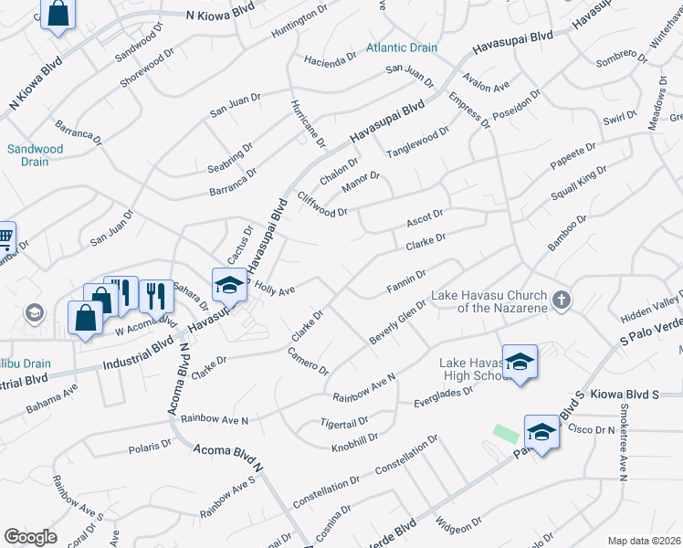 map of restaurants, bars, coffee shops, grocery stores, and more near 2391 Holly Dr in Lake Havasu City