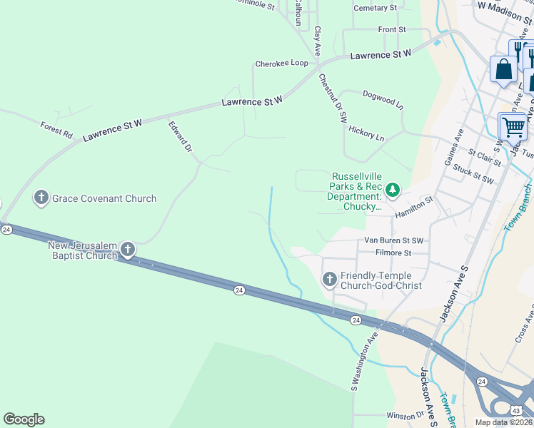 map of restaurants, bars, coffee shops, grocery stores, and more near 734 West Filmore Street in Russellville