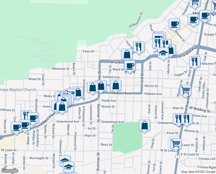 map of restaurants, bars, coffee shops, grocery stores, and more near 410 7th Street in Hot Springs