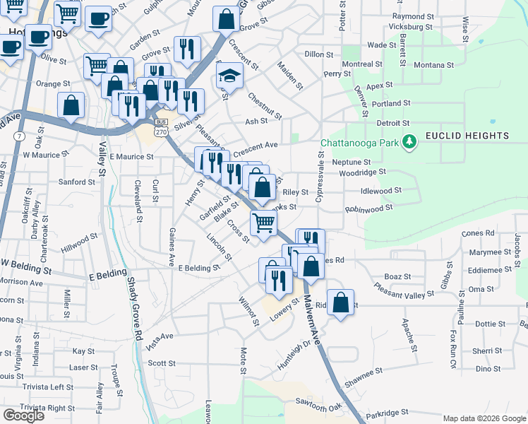 map of restaurants, bars, coffee shops, grocery stores, and more near 1401 Malvern Avenue in Hot Springs