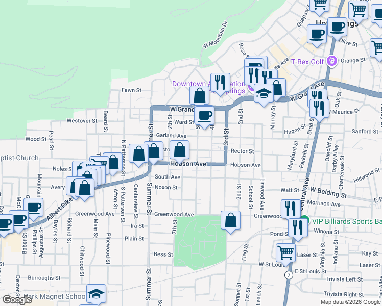 map of restaurants, bars, coffee shops, grocery stores, and more near 409 6th Street in Hot Springs