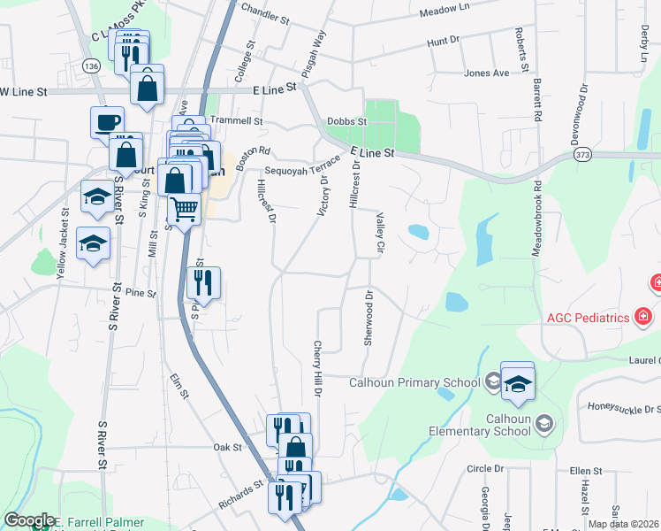 map of restaurants, bars, coffee shops, grocery stores, and more near 205 Hillcrest Drive in Calhoun
